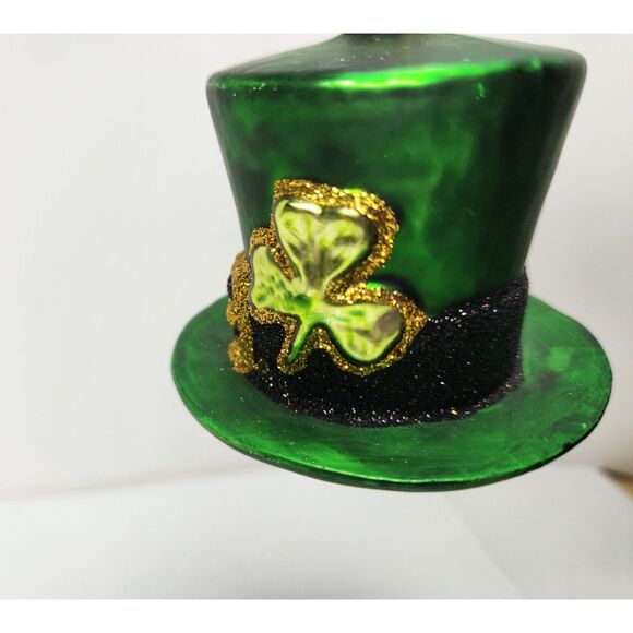 Blown Green Glass Leprechaun Hat Ornament Shamrock Glitter Christmas Hanging - Picture 3 of 6